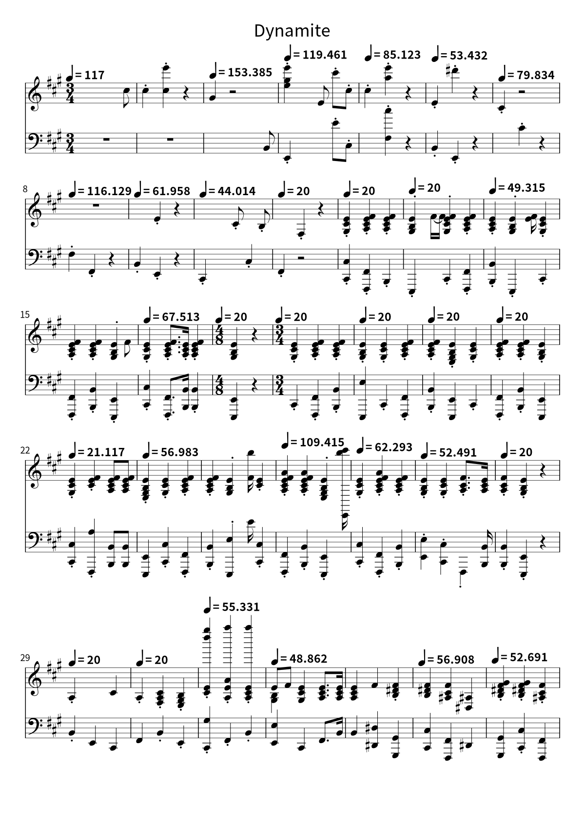 First page of the piano sheet music for Dynamite by BTS