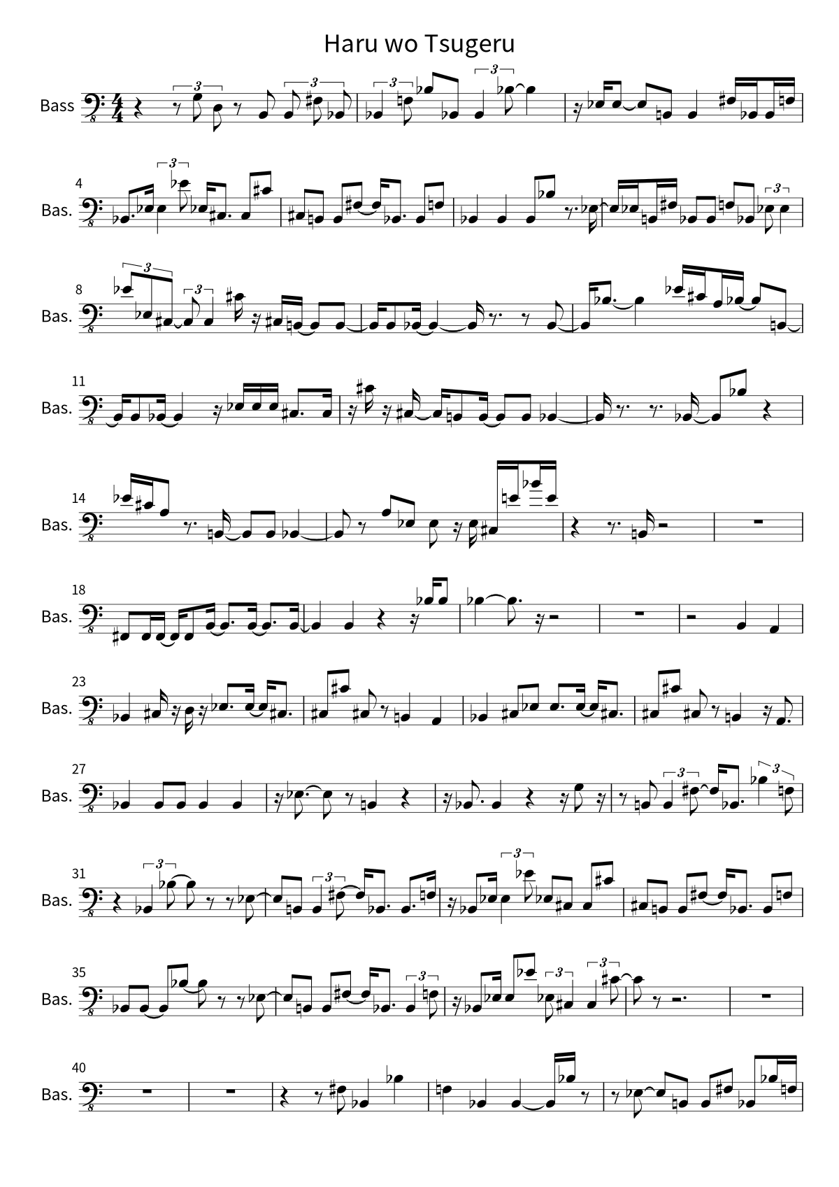 First page of the bass sheet music for Haru wo Tsugeru by yama