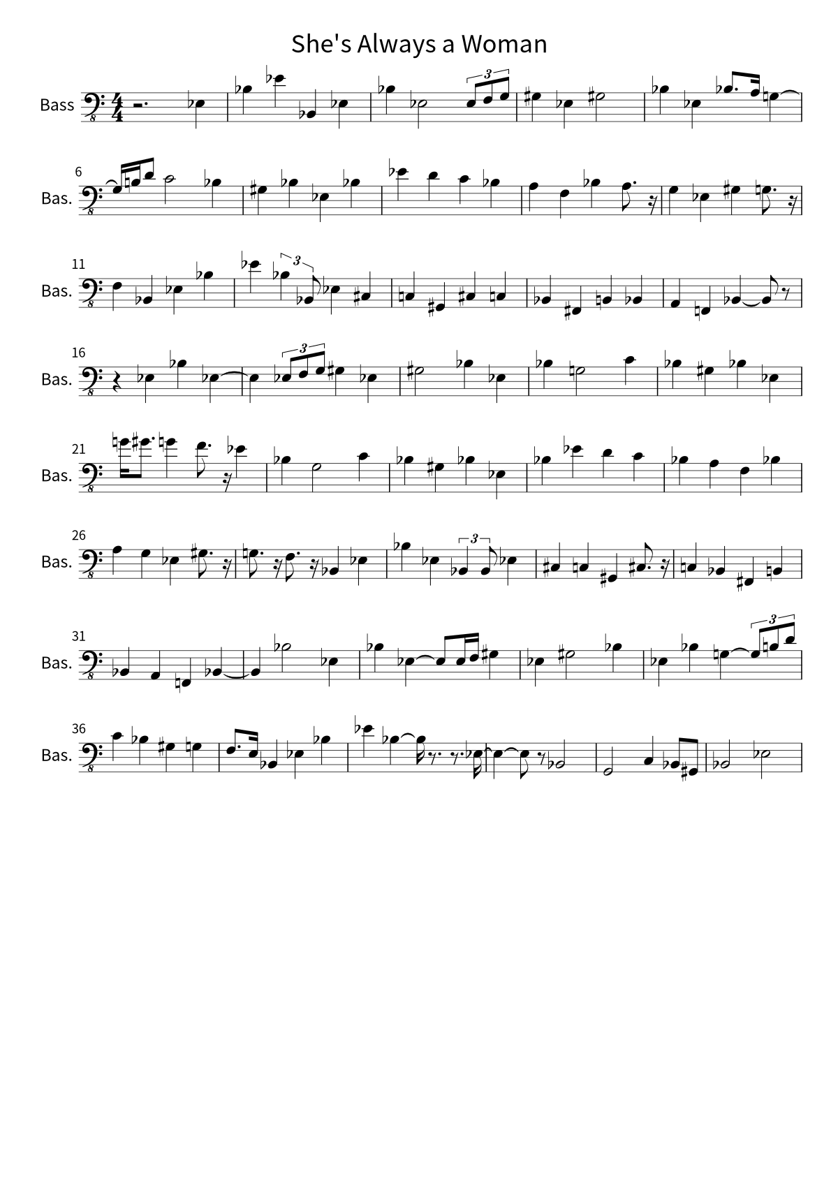 First page of the bass sheet music for She's Always a Woman by Billy Joel