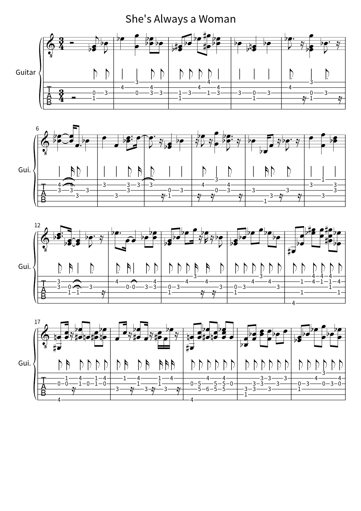 Primeira página da tablatura e partitura de guitarra de She's Always a Woman, de Billy Joel