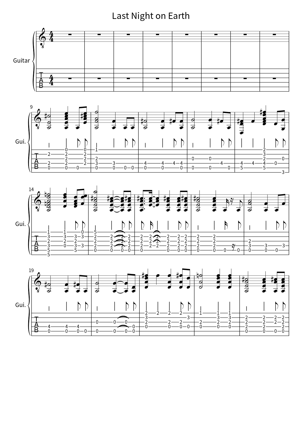 Green Day「Last Night on Earth」のギタータブ譜（1ページ目）