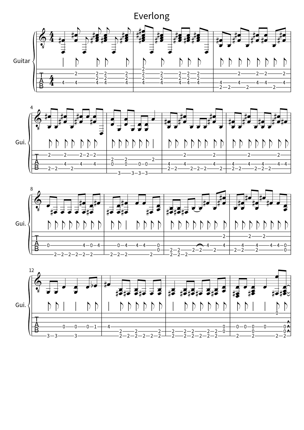 Primera página de la partitura de Everlong de Foo Fighters