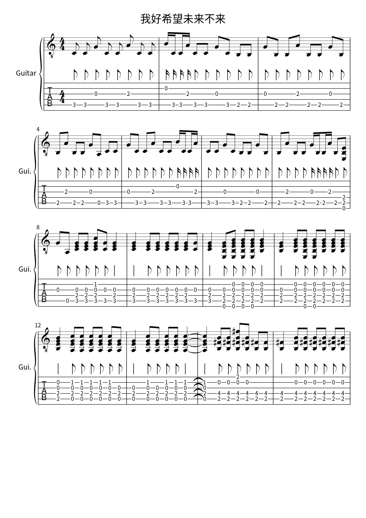 Primera página de la tablatura y partitura de guitarra de 我好希望未来不来 de 新裤子乐队
