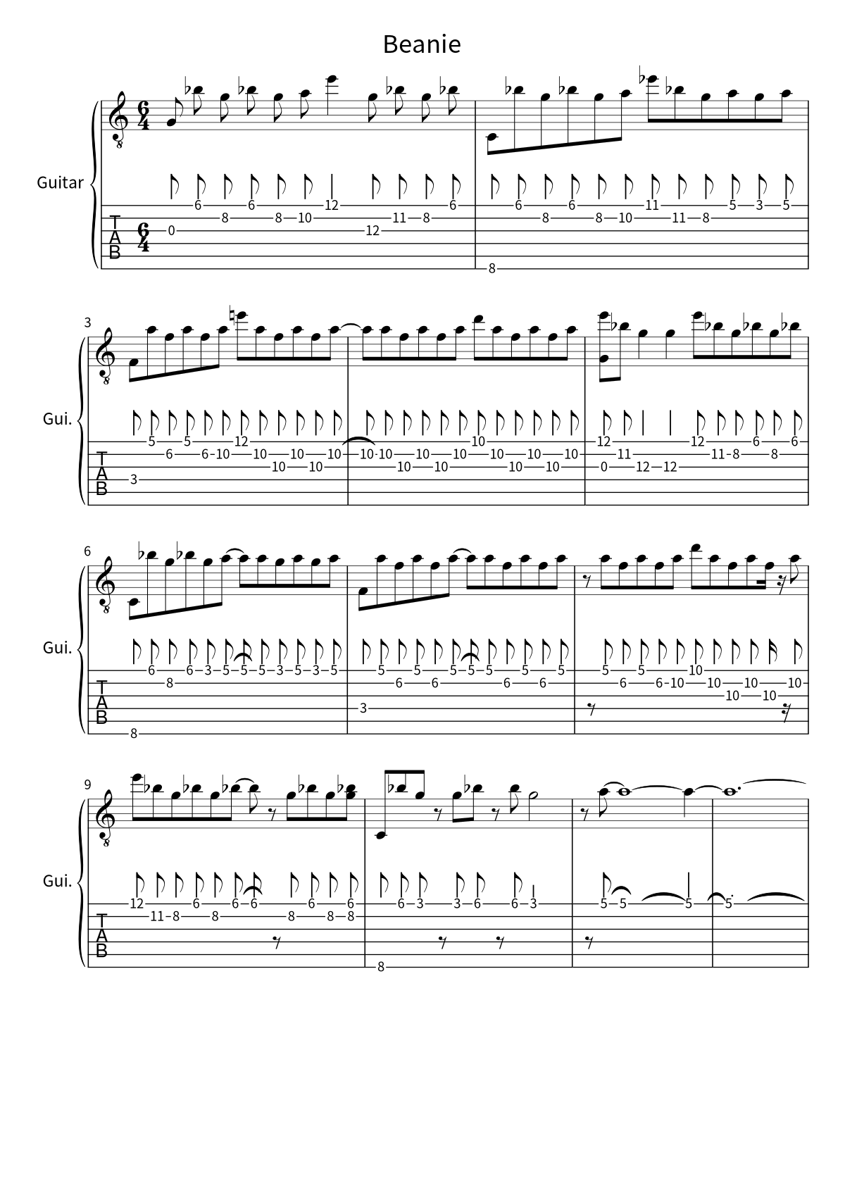 First page of the guitar tab and sheet music for Beanie by Chezile