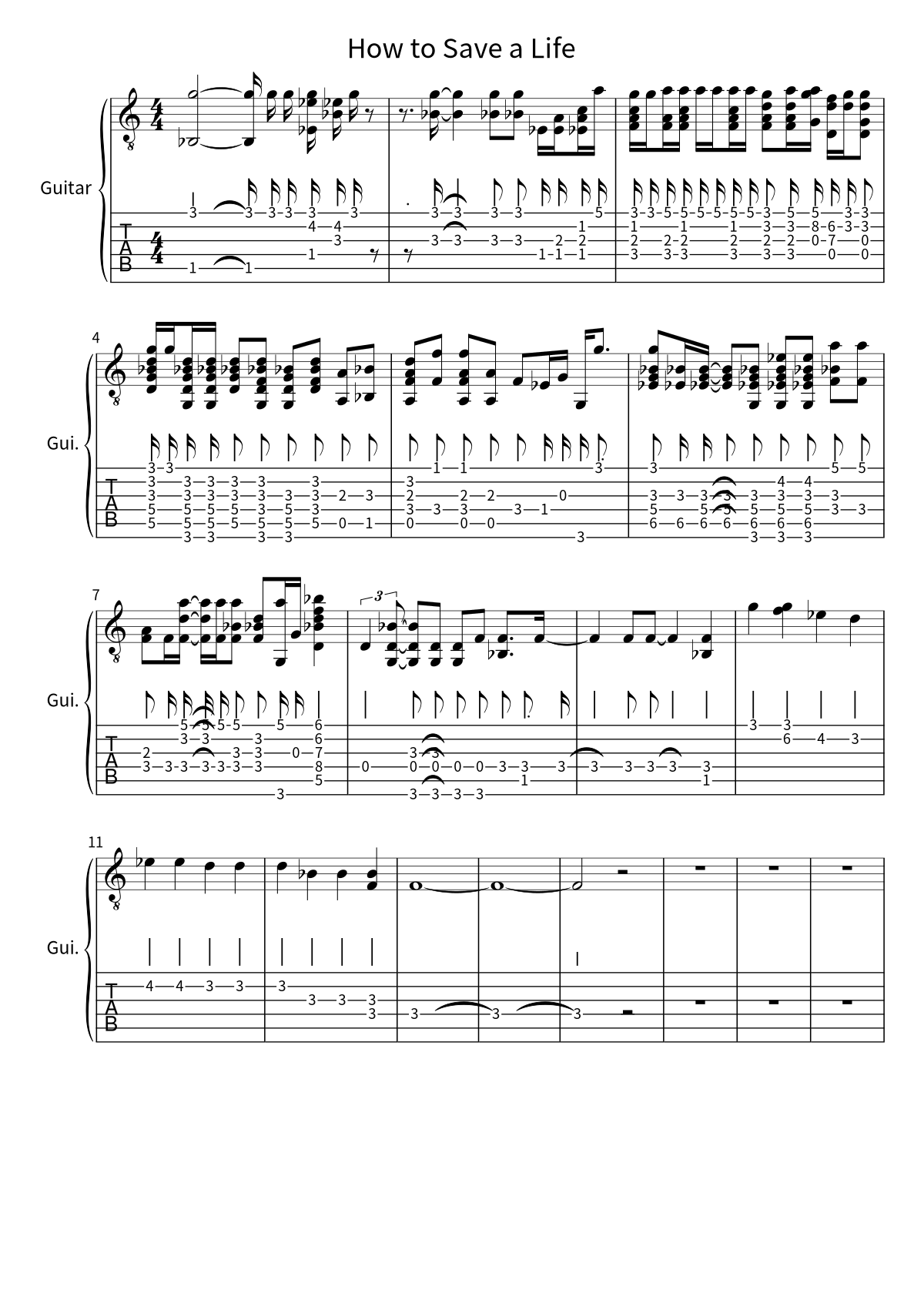 The Fray「How to Save a Life」のギタータブ譜（1ページ目）
