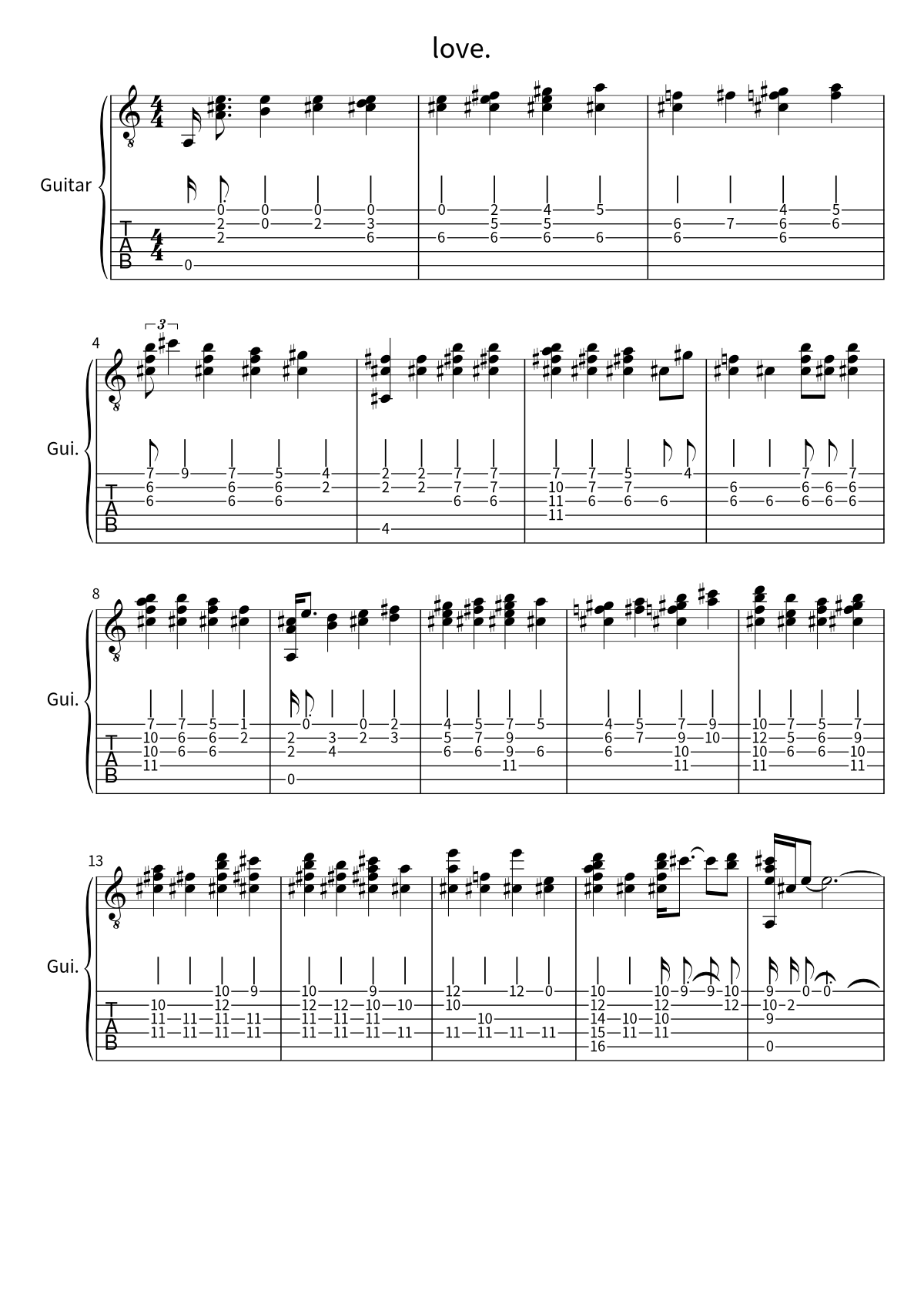 Primera página de la tablatura y partitura de guitarra de love. de wave to earth