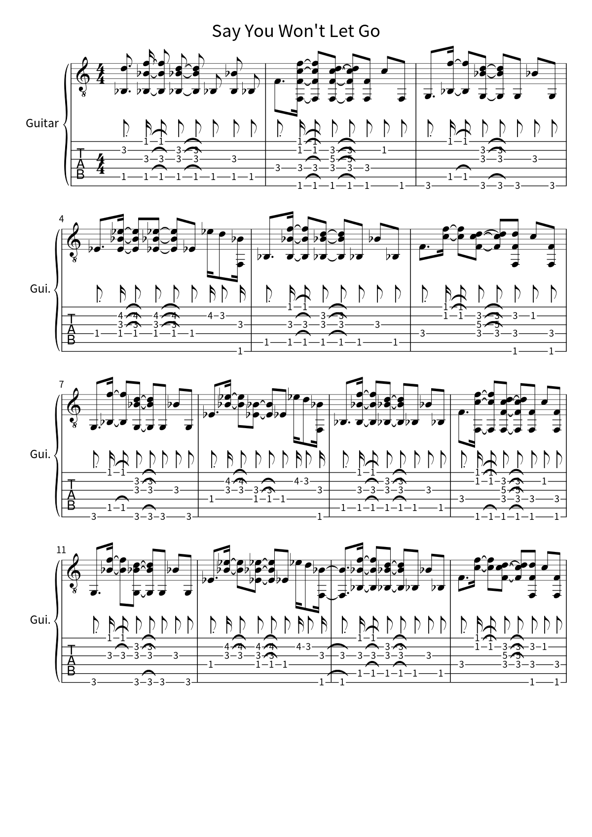 First page of the guitar tab and sheet music for Say You Won't Let Go by James Arthur