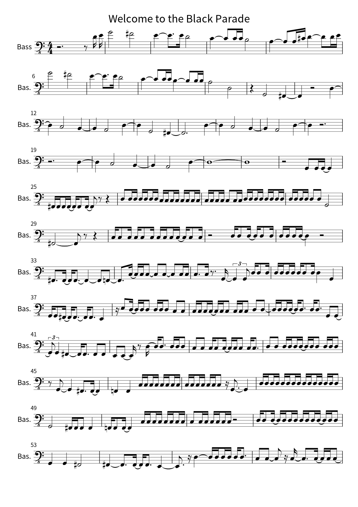 Primeira página da partitura de baixo de Welcome to the Black Parade, de My Chemical Romance