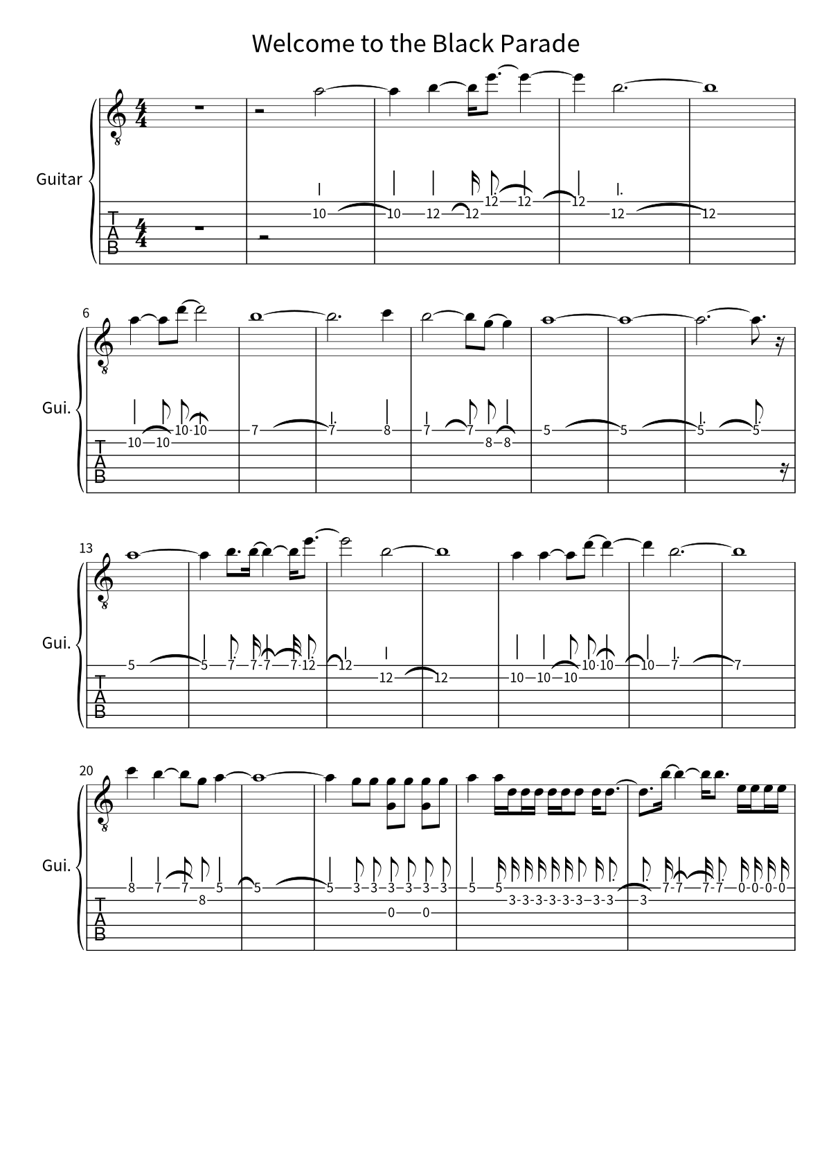Primeira página da tablatura e partitura de guitarra de Welcome to the Black Parade, de My Chemical Romance