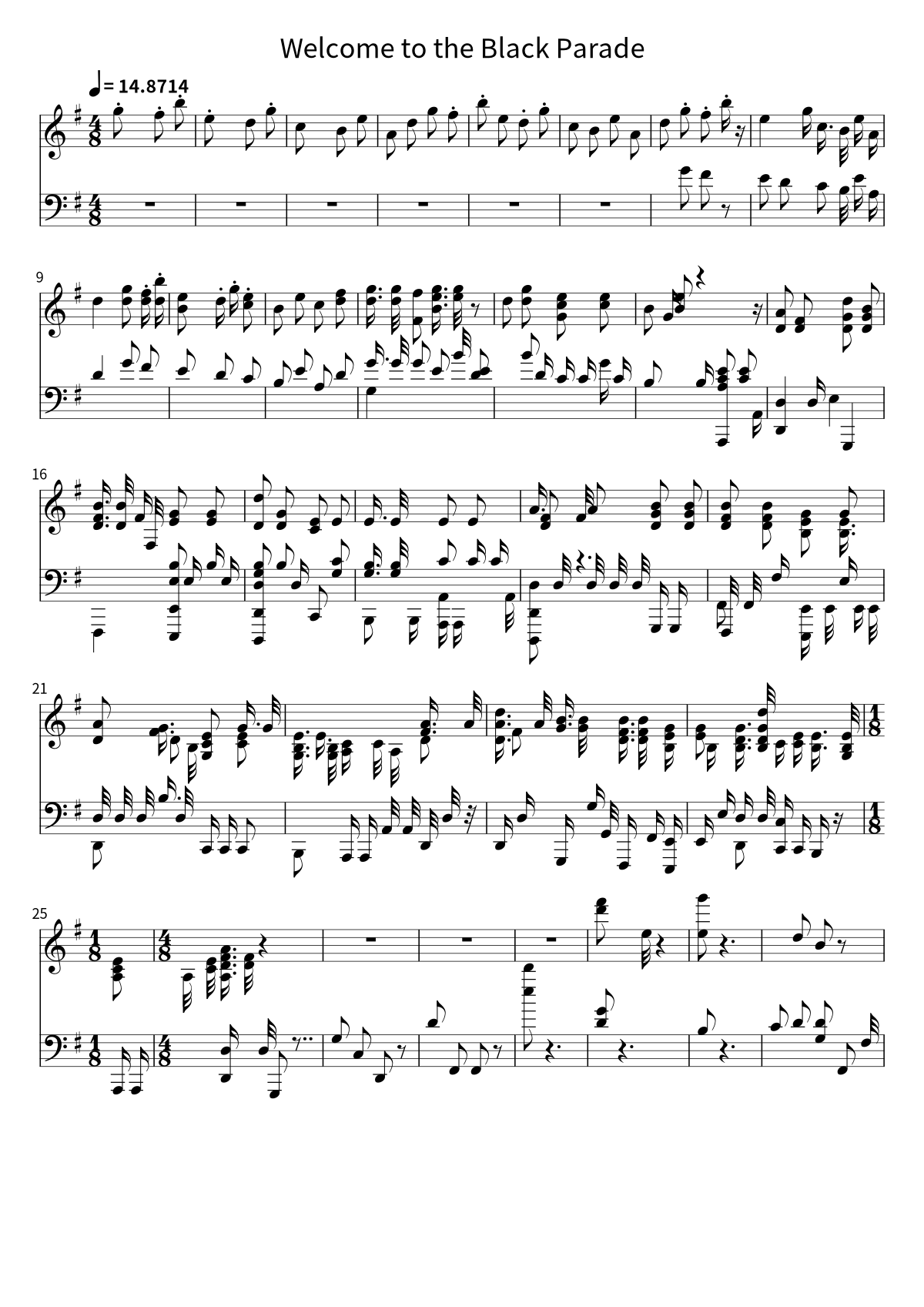 Primeira página da partitura de piano de Welcome to the Black Parade, de My Chemical Romance