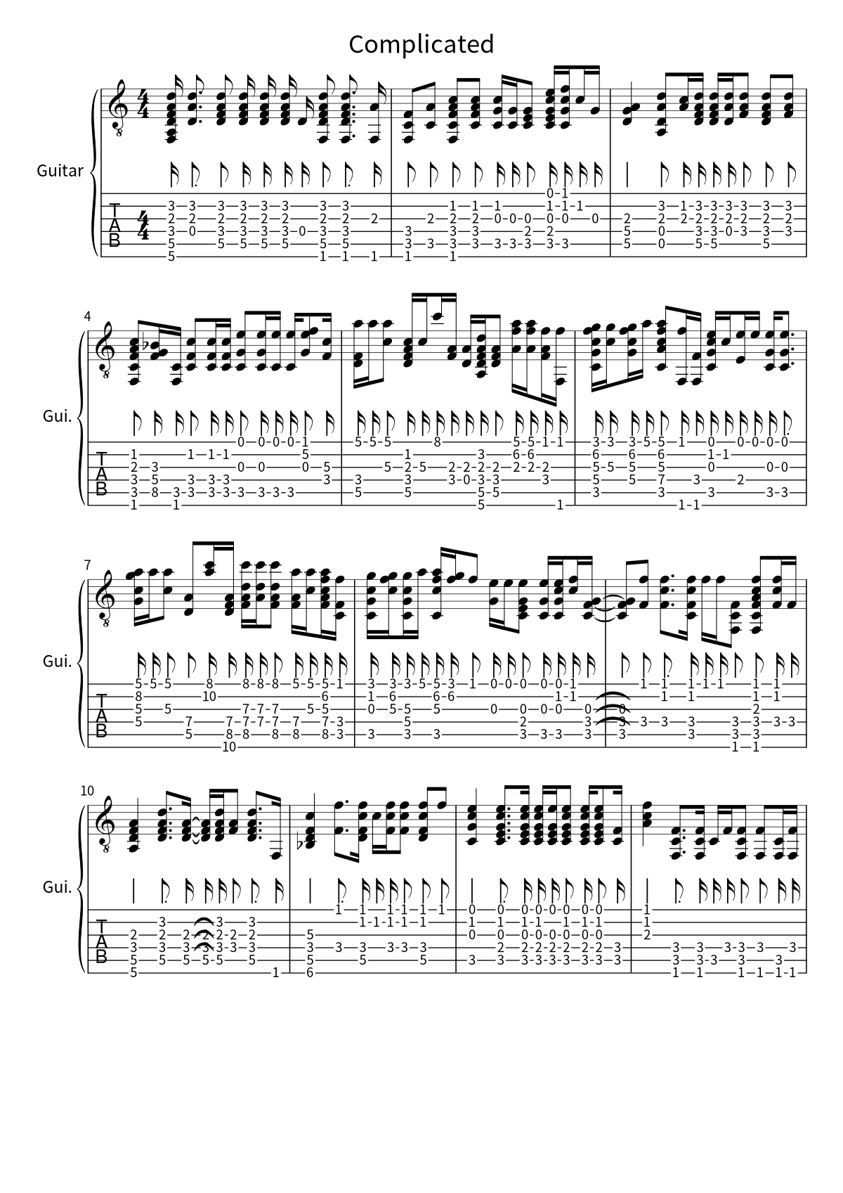 Primera página de la tablatura y partitura de guitarra de Complicated de Avril Lavigne