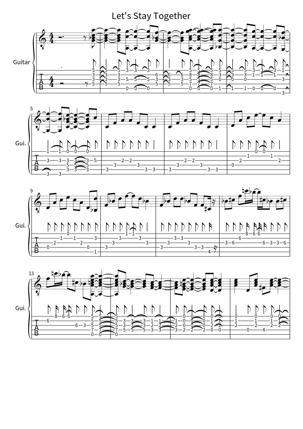 First page of the guitar tab and sheet music for Let's Stay Together by Al Green