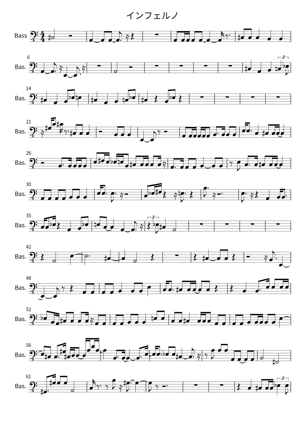 Primera página de la partitura de bajo de インフェルノ de Mrs. GREEN APPLE