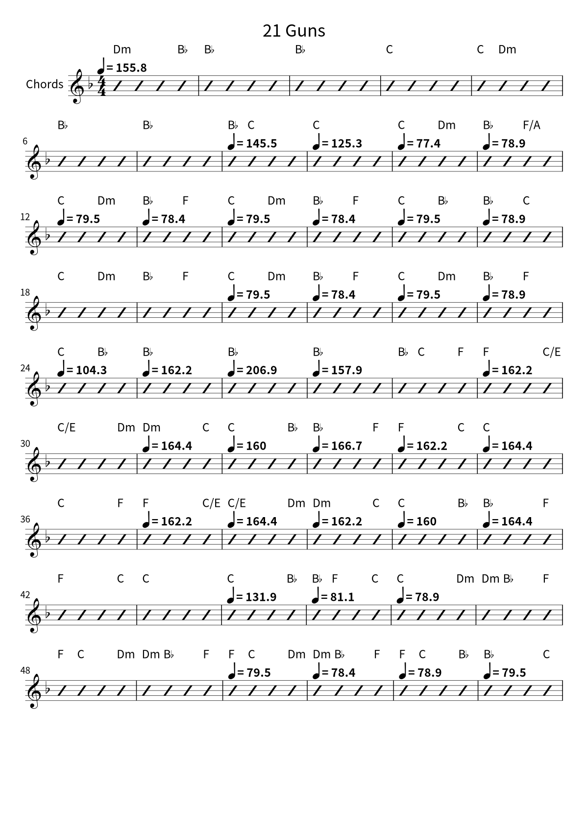 Primera página de la hoja de acordes de 21 Guns de Green Day