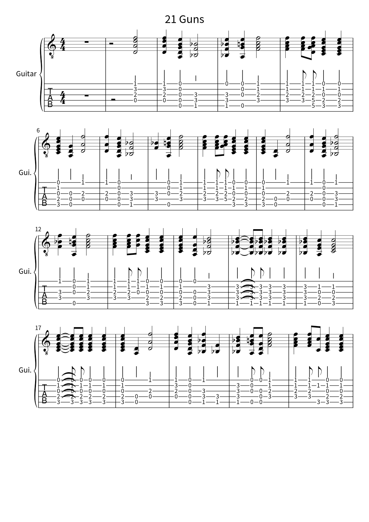 First page of the guitar tab and sheet music for 21 Guns by Green Day