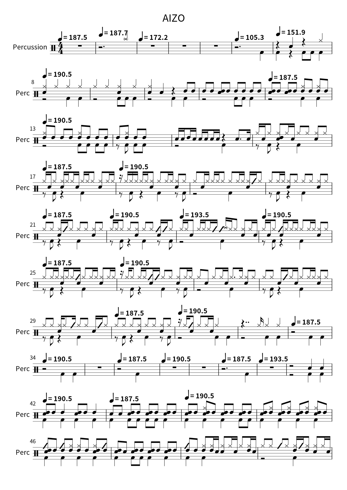 Primera página de la partitura de batería de AIZO de King Gnu