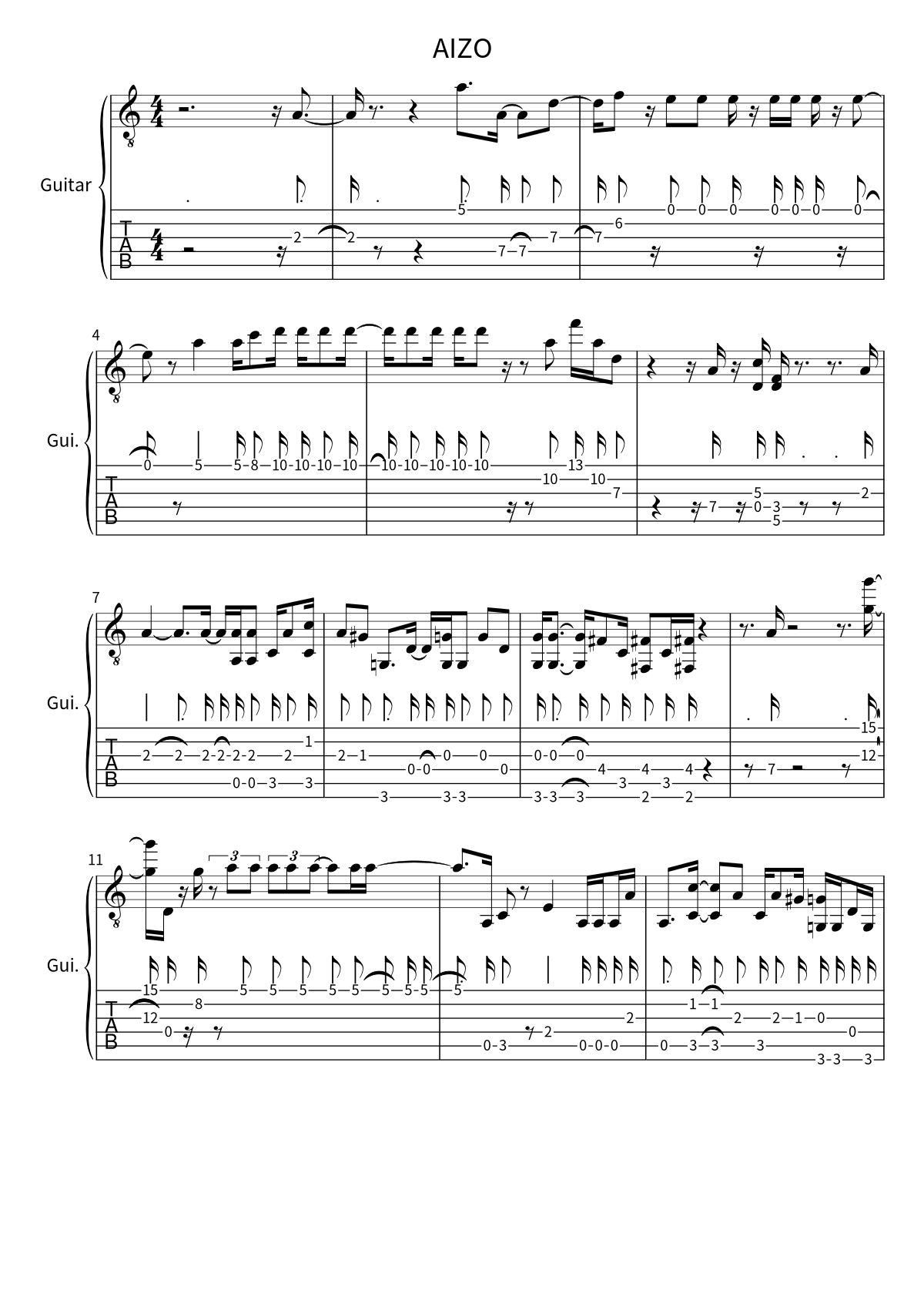 First page of the guitar tab and sheet music for AIZO by King Gnu
