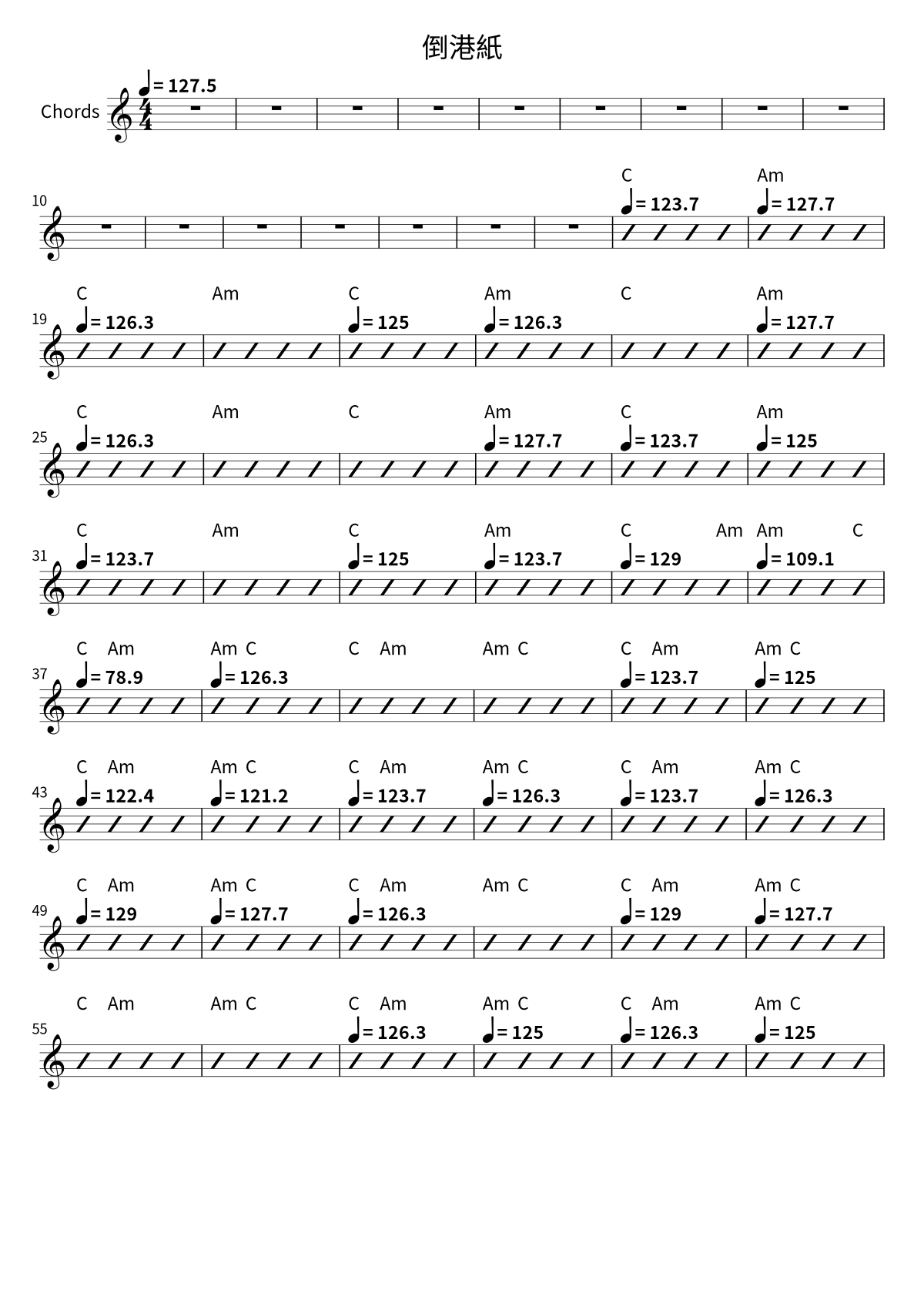 First page of the chord chart for 倒港紙 by 五條人