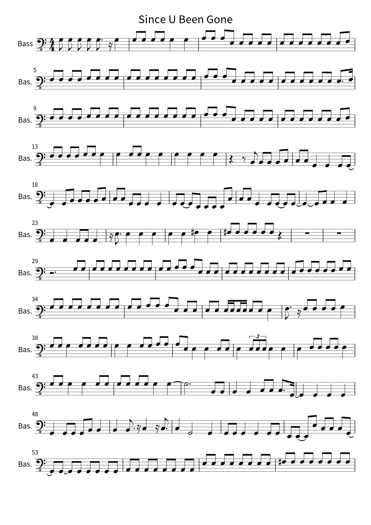 First page of the bass sheet music for Since U Been Gone by Kelly Clarkson