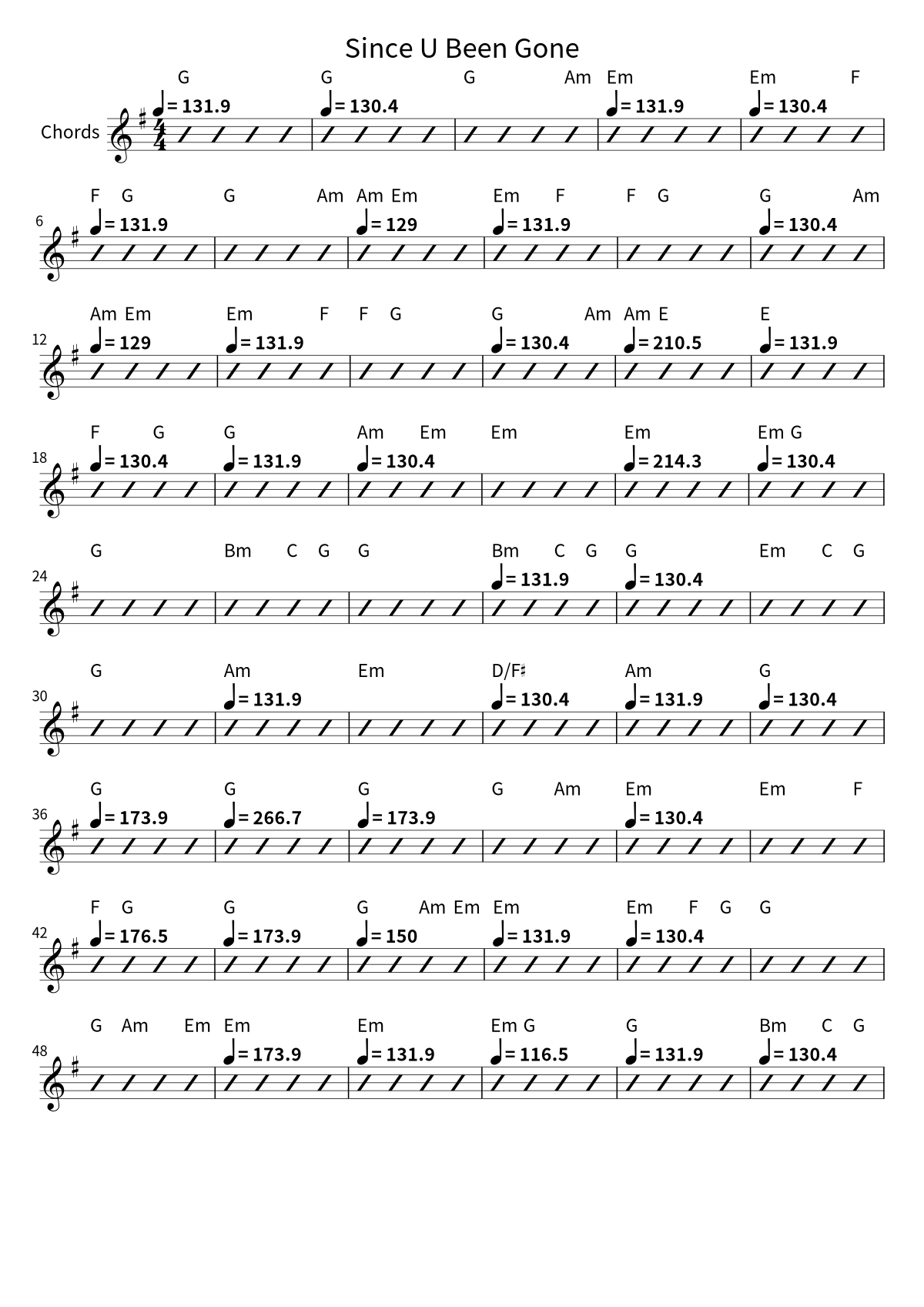 First page of the chord chart for Since U Been Gone by Kelly Clarkson