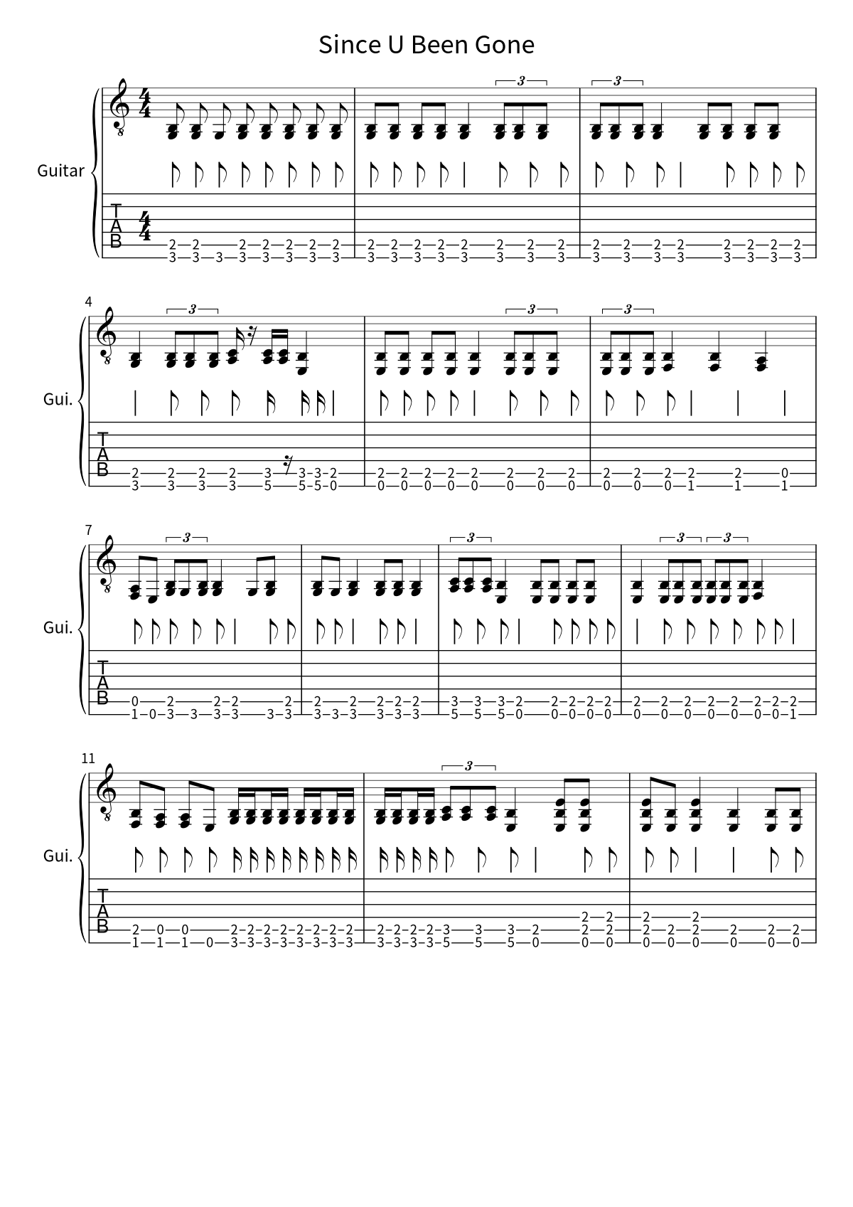 Primera página de la tablatura y partitura de guitarra de Since U Been Gone de Kelly Clarkson