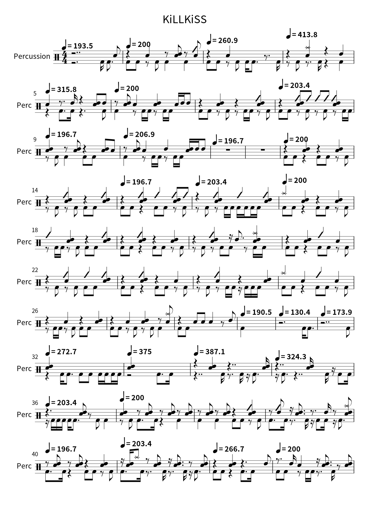 Primera página de la partitura de batería de KiLLKiSS de Ave Mujica