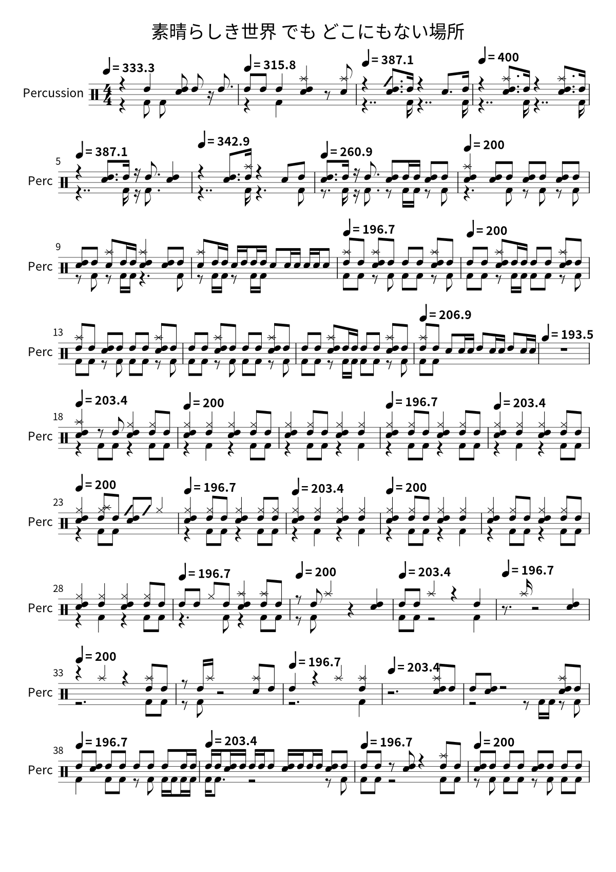 First page of the drum sheet music for 素晴らしき世界 でも どこにもない場所 by Ave Mujica