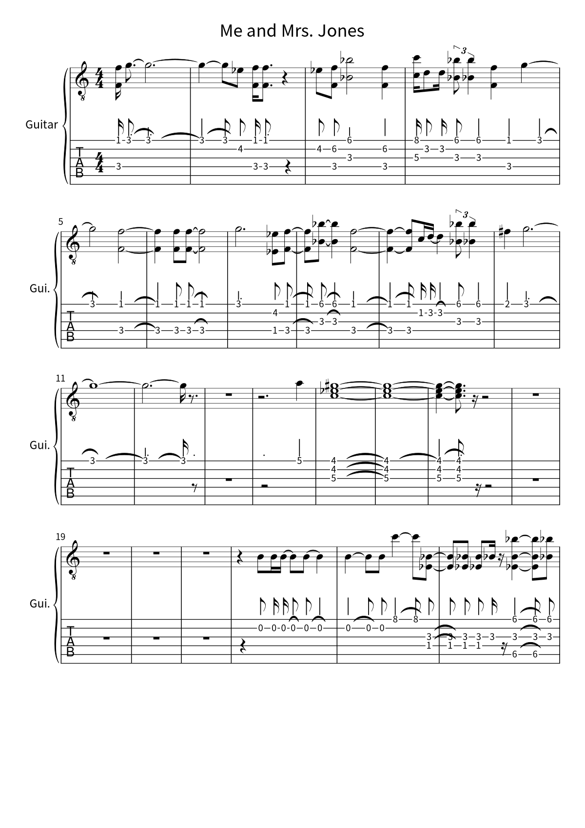 Billy Paul「Me and Mrs. Jones」のギタータブ譜（1ページ目）