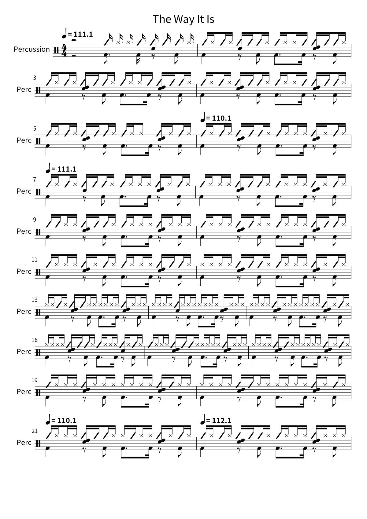 Primera página de la partitura de batería de The Way It Is de Bruce Hornsby and the Range