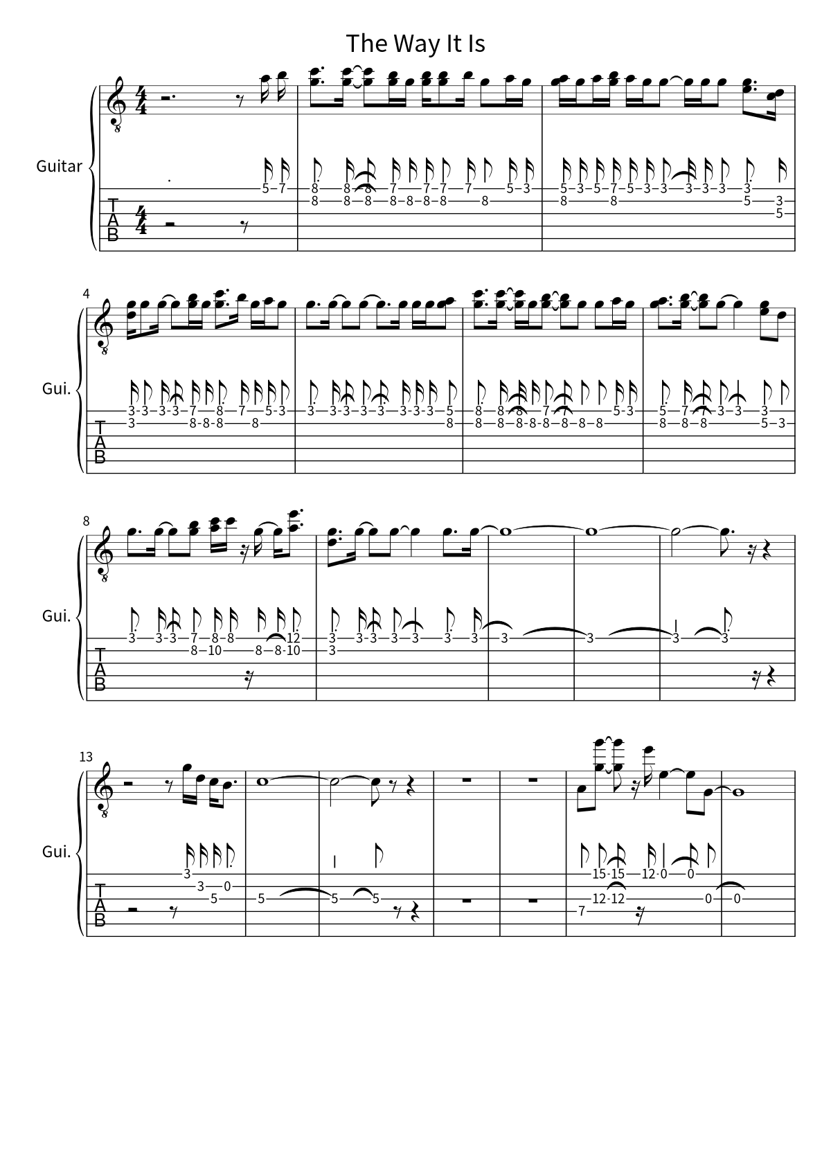 First page of the guitar tab and sheet music for The Way It Is by Bruce Hornsby and the Range