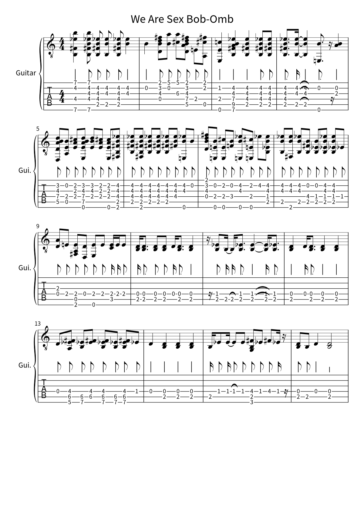 Primeira página da tablatura e partitura de guitarra de We Are Sex Bob-Omb, de Sex Bob-Omb