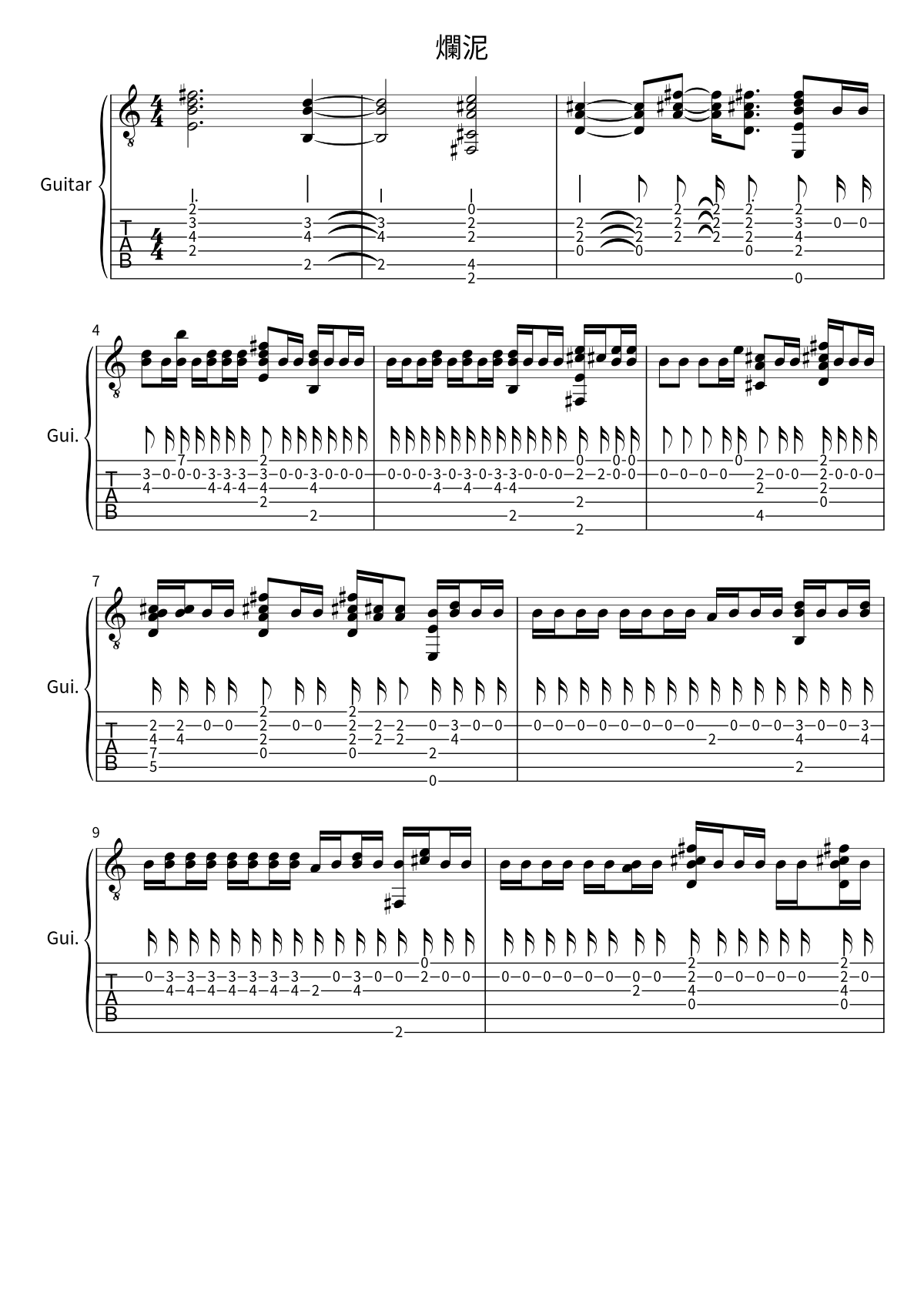 Primeira página da tablatura e partitura de guitarra de 爛泥, de No Party For Cao Dong
