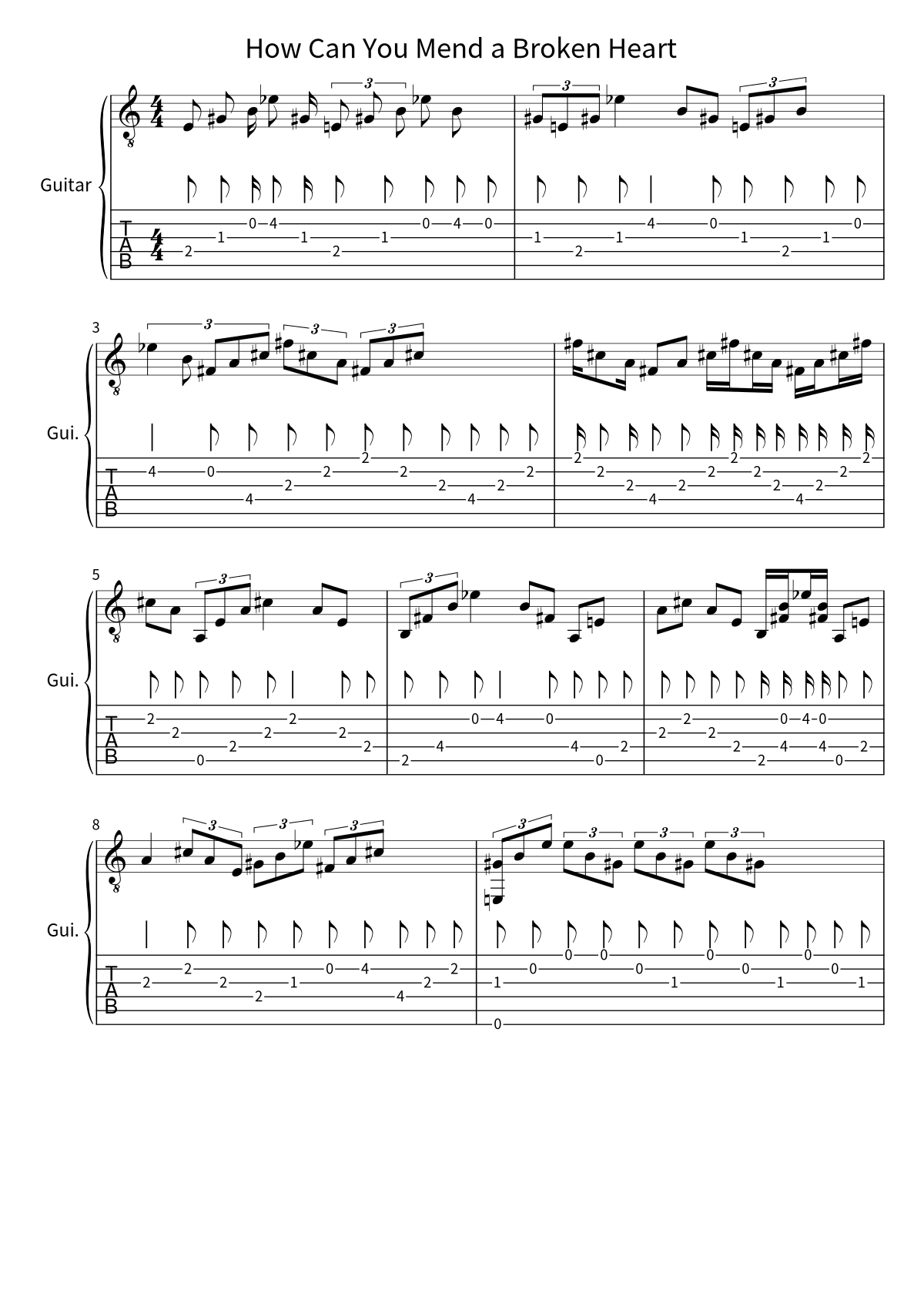 Primera página de la tablatura y partitura de guitarra de How Can You Mend a Broken Heart de Al Green