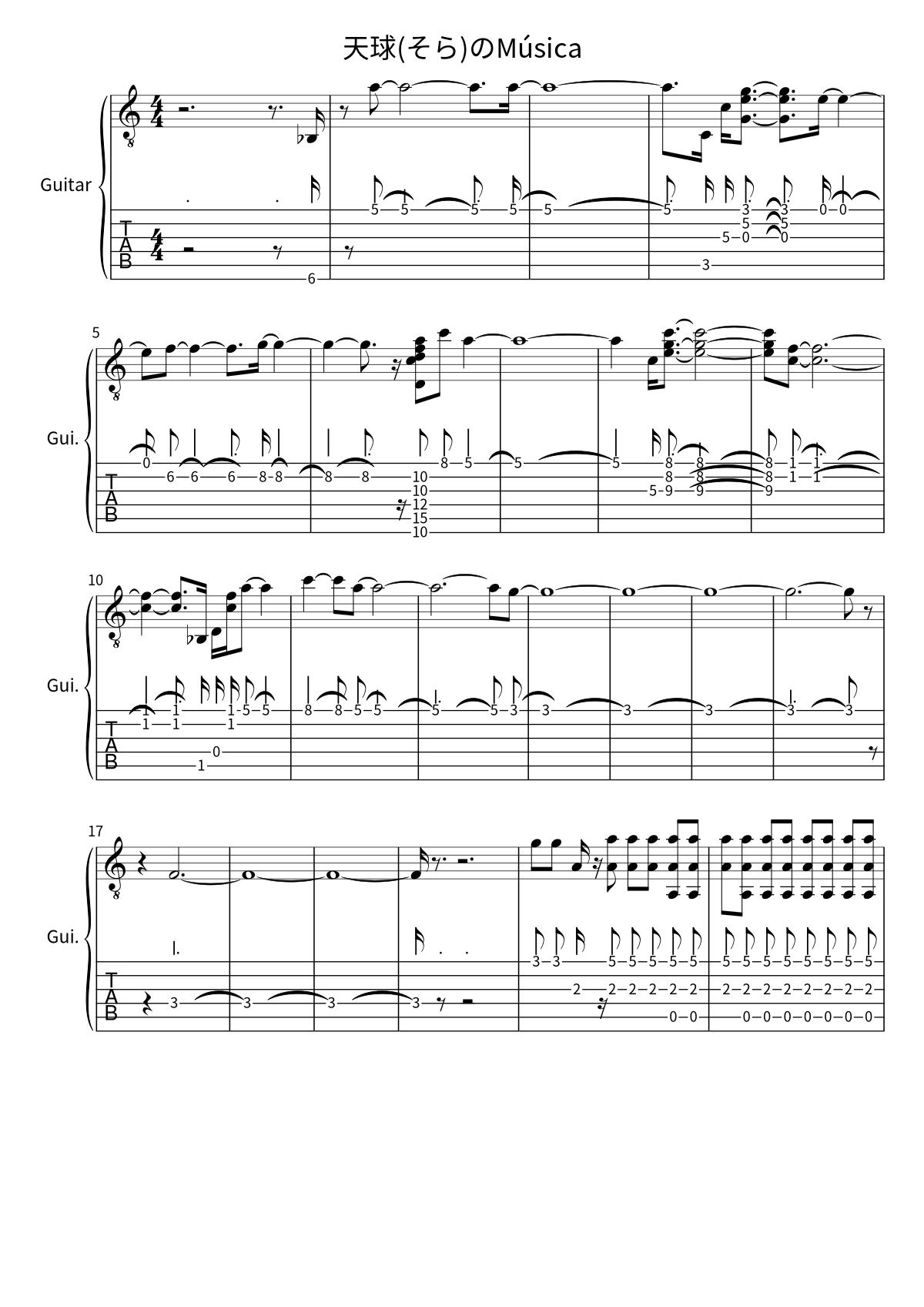 Primeira página da tablatura e partitura de guitarra de 天球(そら)のMúsica, de Ave Mujica