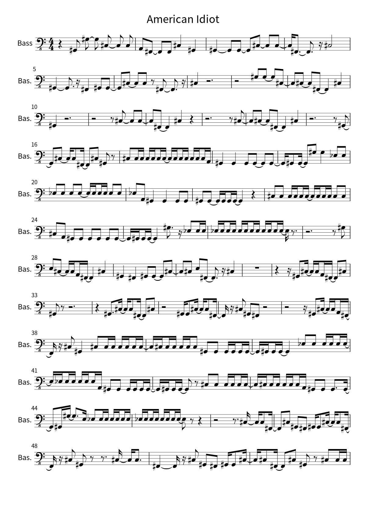 Primeira página da partitura de baixo de American Idiot, de Green Day