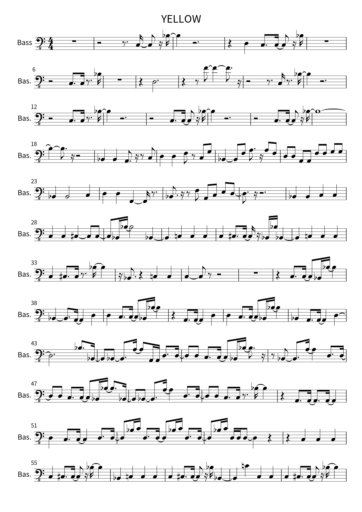 Primera página de la partitura de bajo de YELLOW de Yoh kamiyama