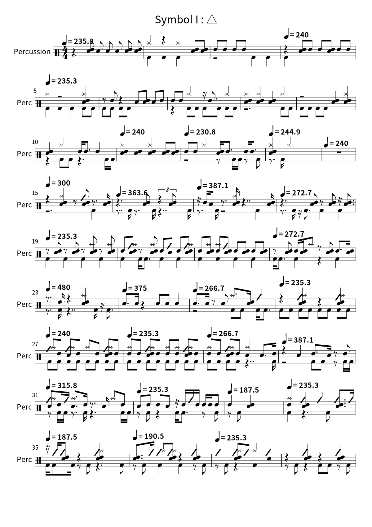 Primera página de la partitura de batería de Symbol I : △ de Ave Mujica
