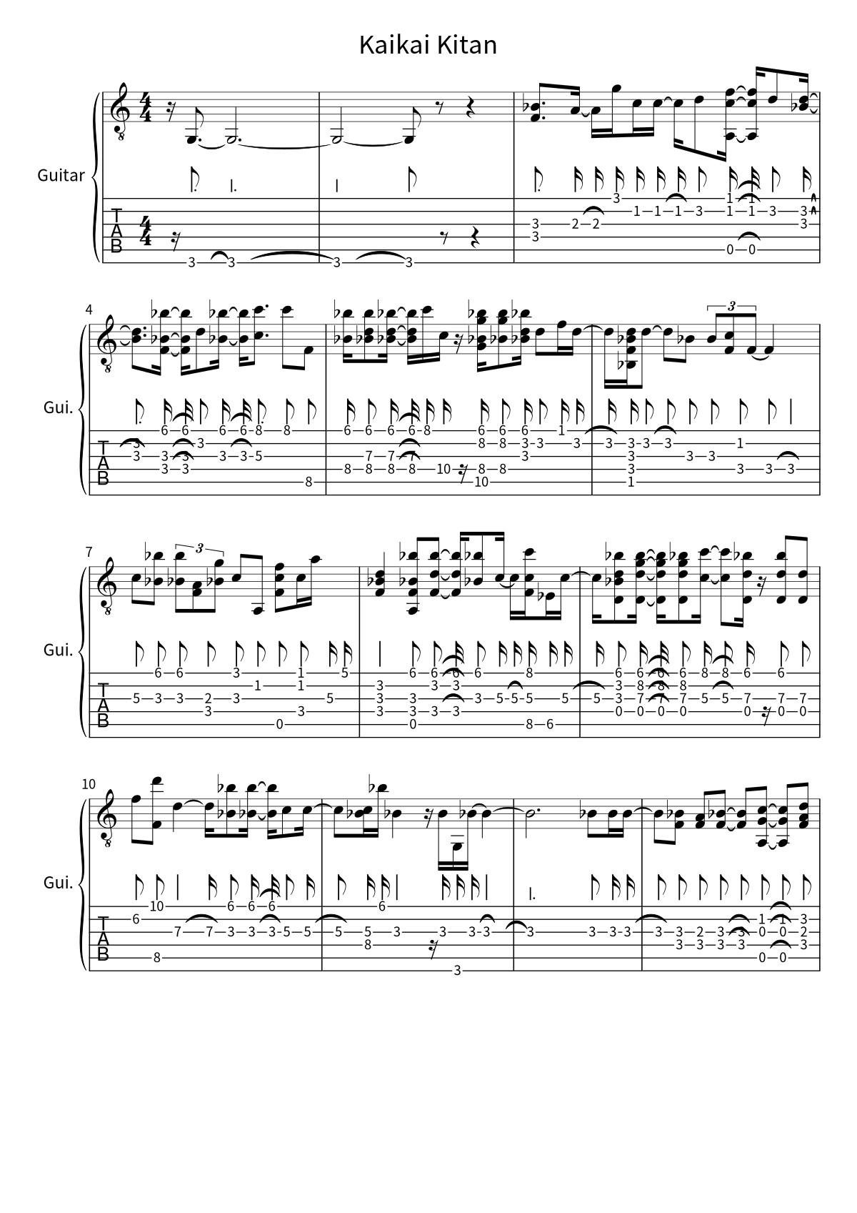Primera página de la tablatura y partitura de guitarra de Kaikai Kitan de Eve