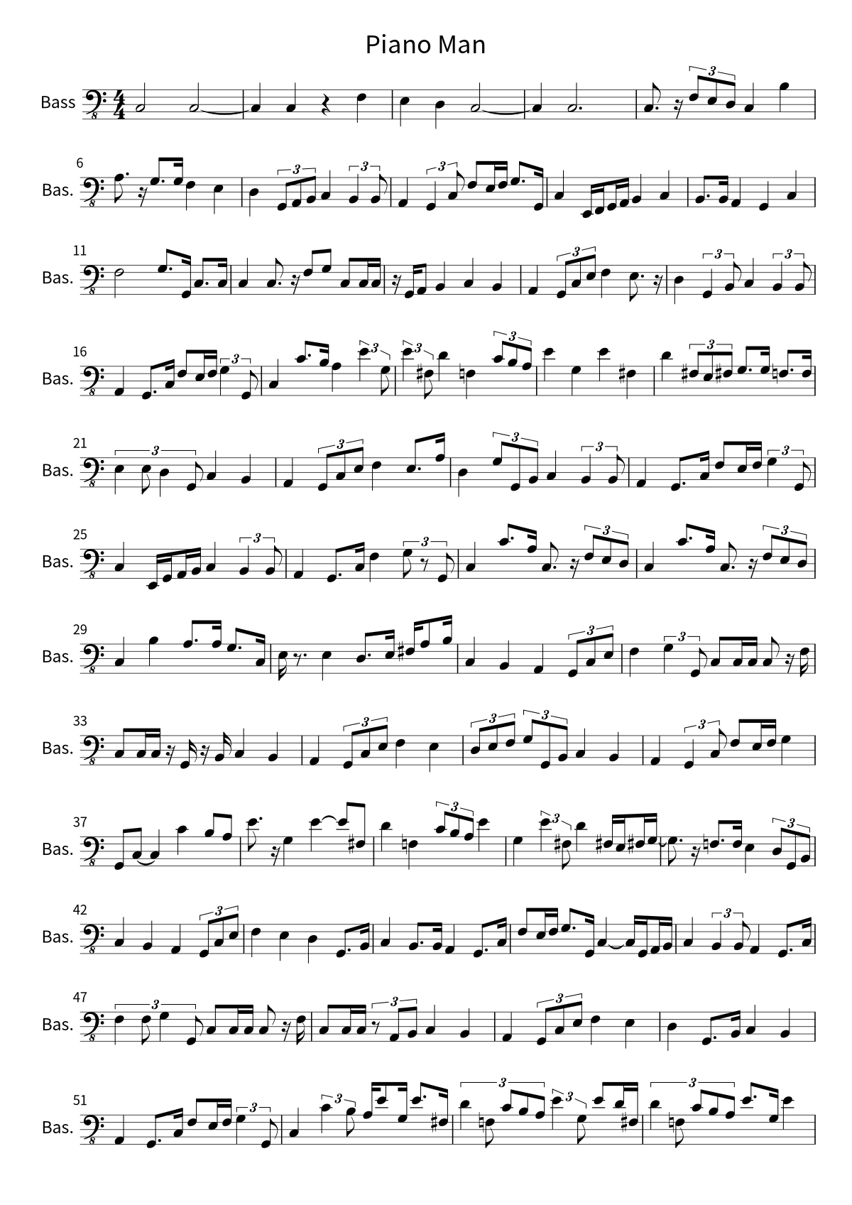 First page of the bass sheet music for Piano Man by Billy Joel