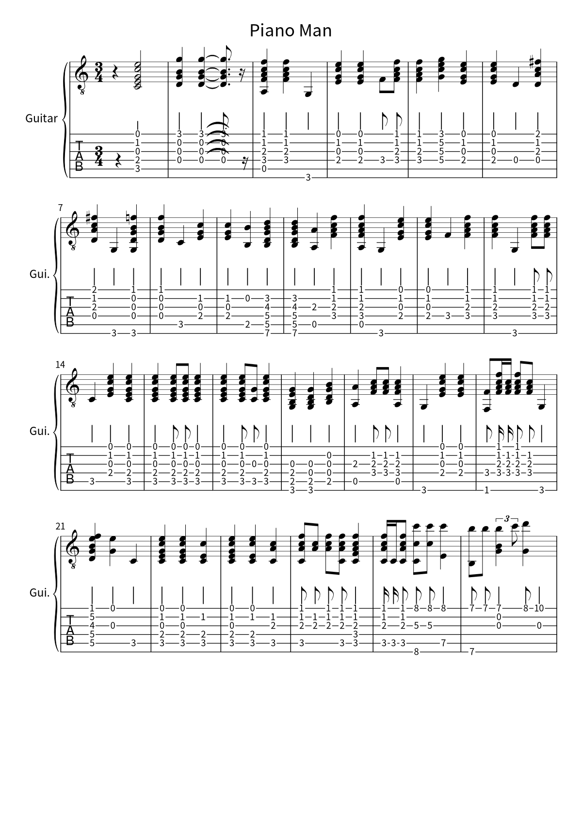 First page of the guitar tab and sheet music for Piano Man by Billy Joel