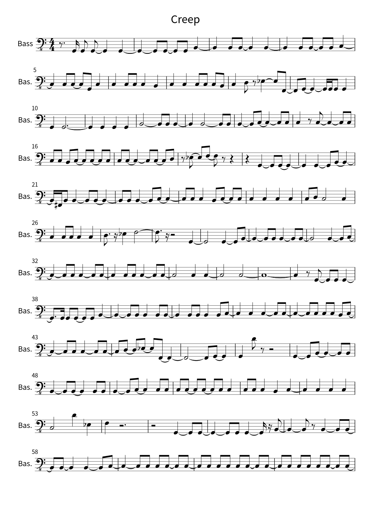 Primera página de la partitura de bajo de Creep de Radiohead