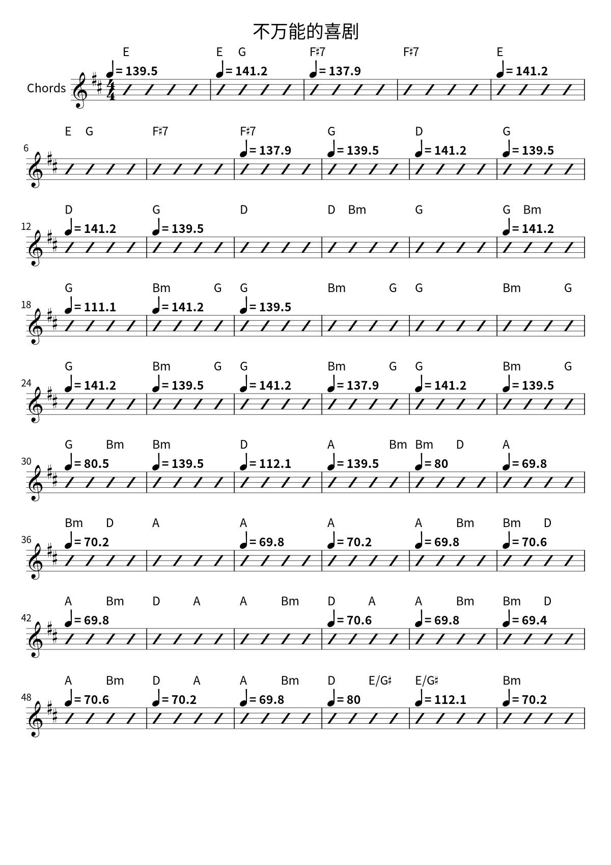 First page of the chord chart for 不万能的喜剧 by 万能青年旅店