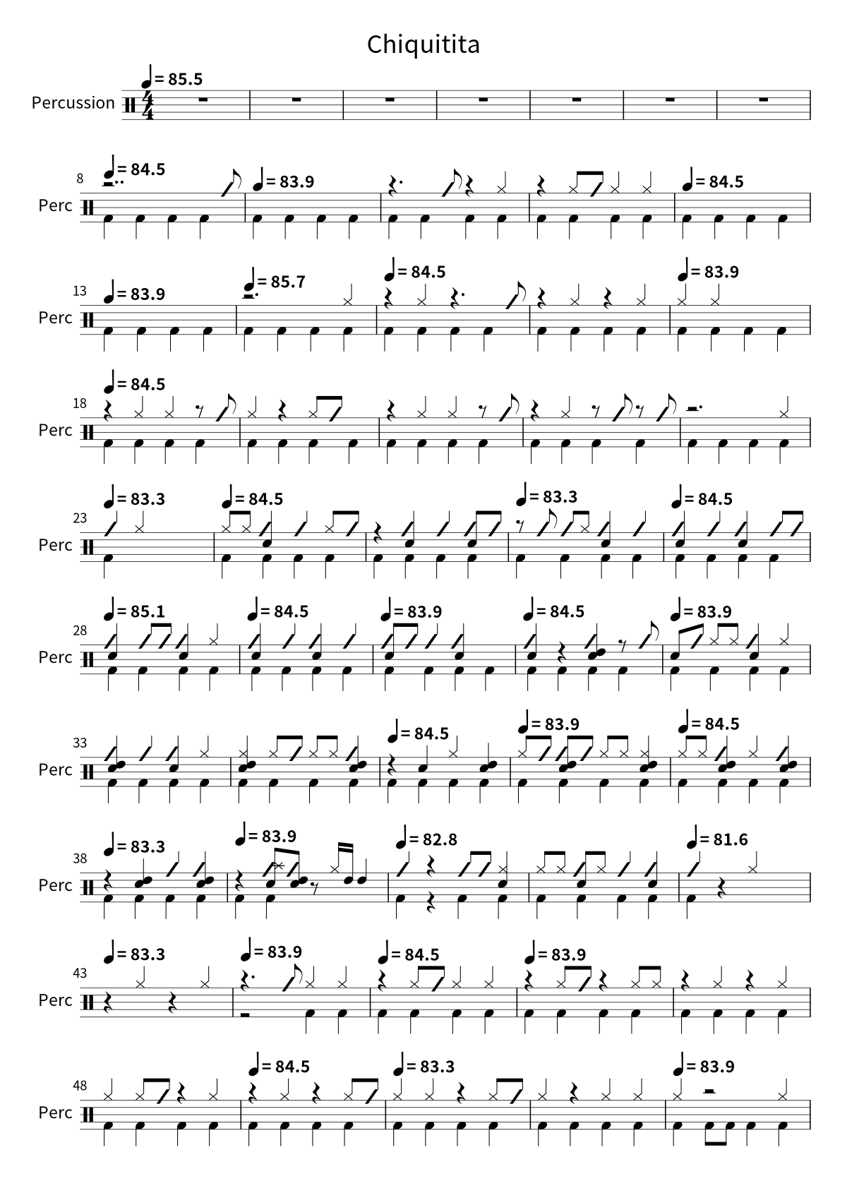 Primera página de la partitura de batería de Chiquitita de ABBA