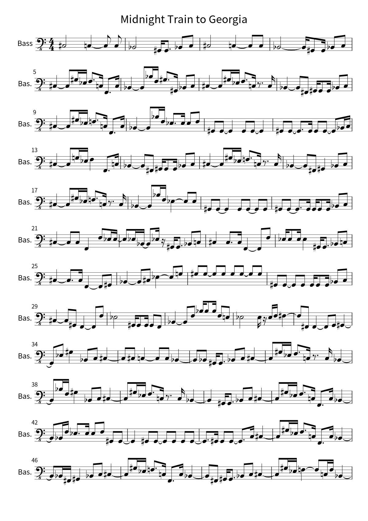 Primeira página da partitura de baixo de Midnight Train to Georgia, de Gladys Knight & The Pips