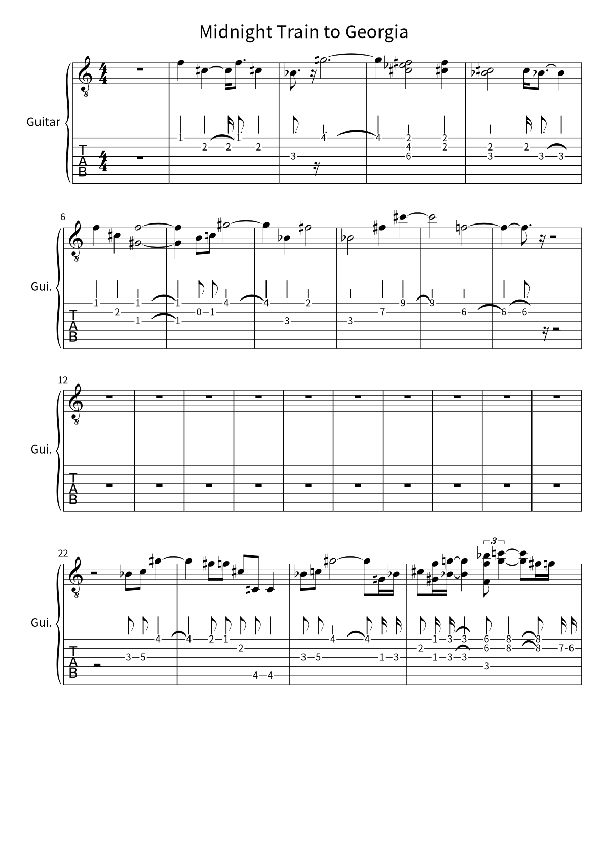 Primeira página da tablatura e partitura de guitarra de Midnight Train to Georgia, de Gladys Knight & The Pips