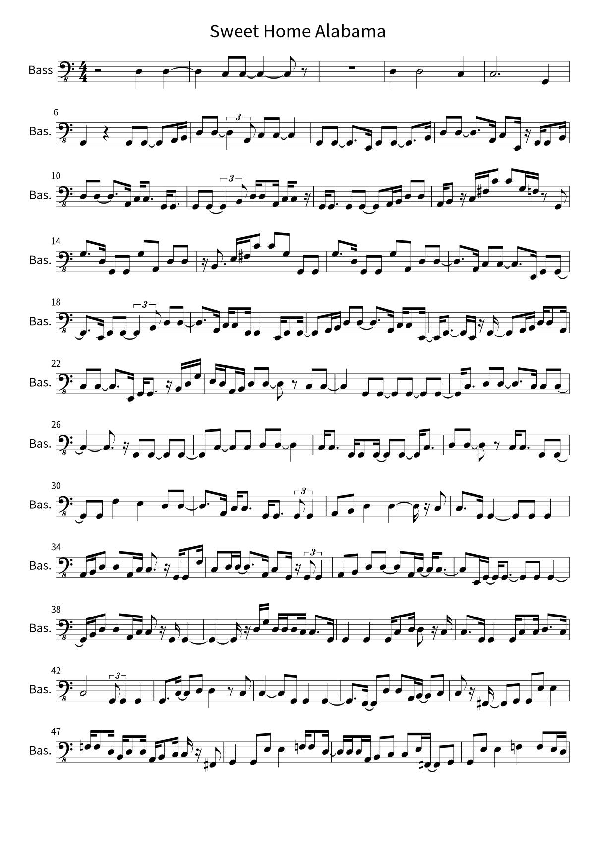Primeira página da partitura de baixo de Sweet Home Alabama, de Lynyrd Skynyrd