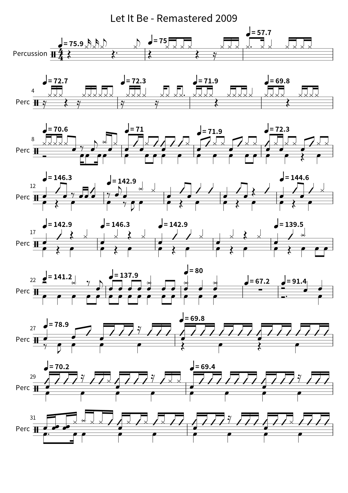 Primera página de la partitura de batería de Let It Be - Remastered 2009 de The Beatles
