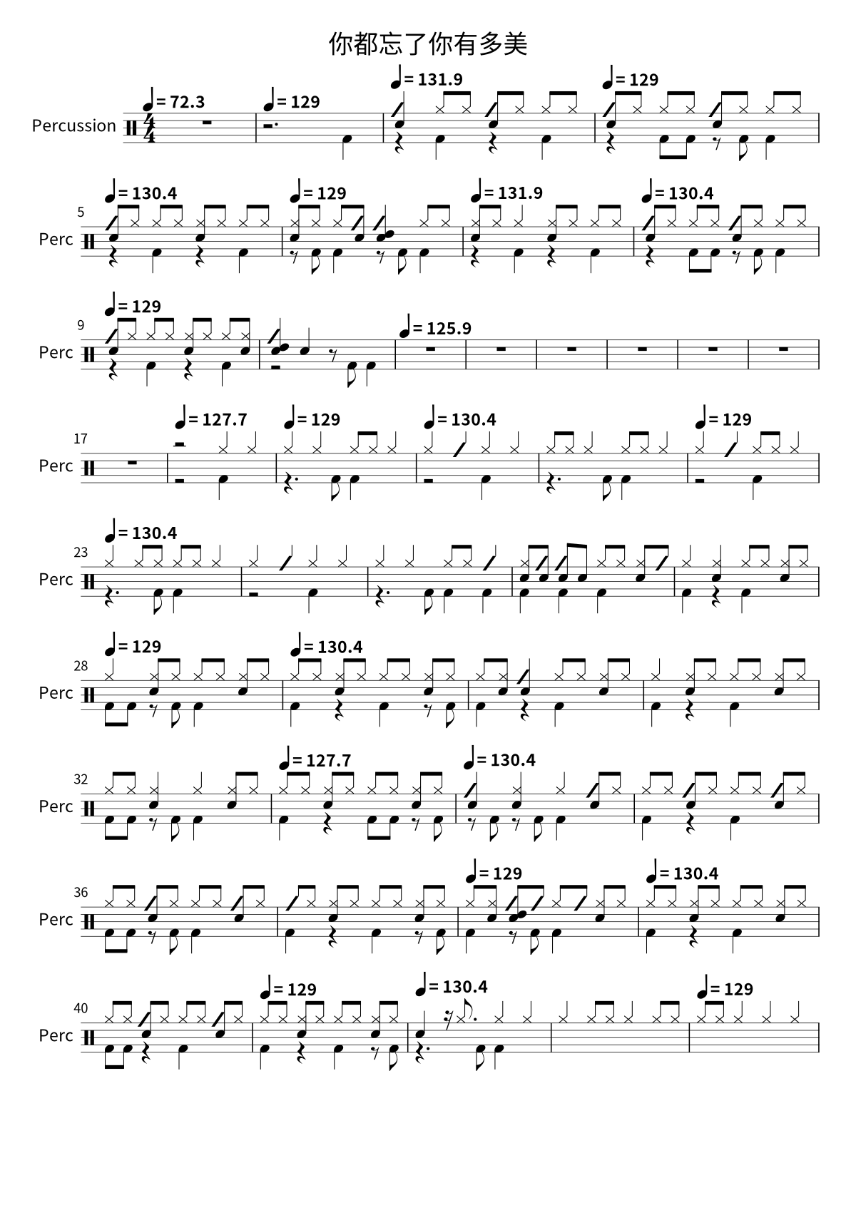 Primera página de la partitura de batería de 你都忘了你有多美 de 新裤子乐队