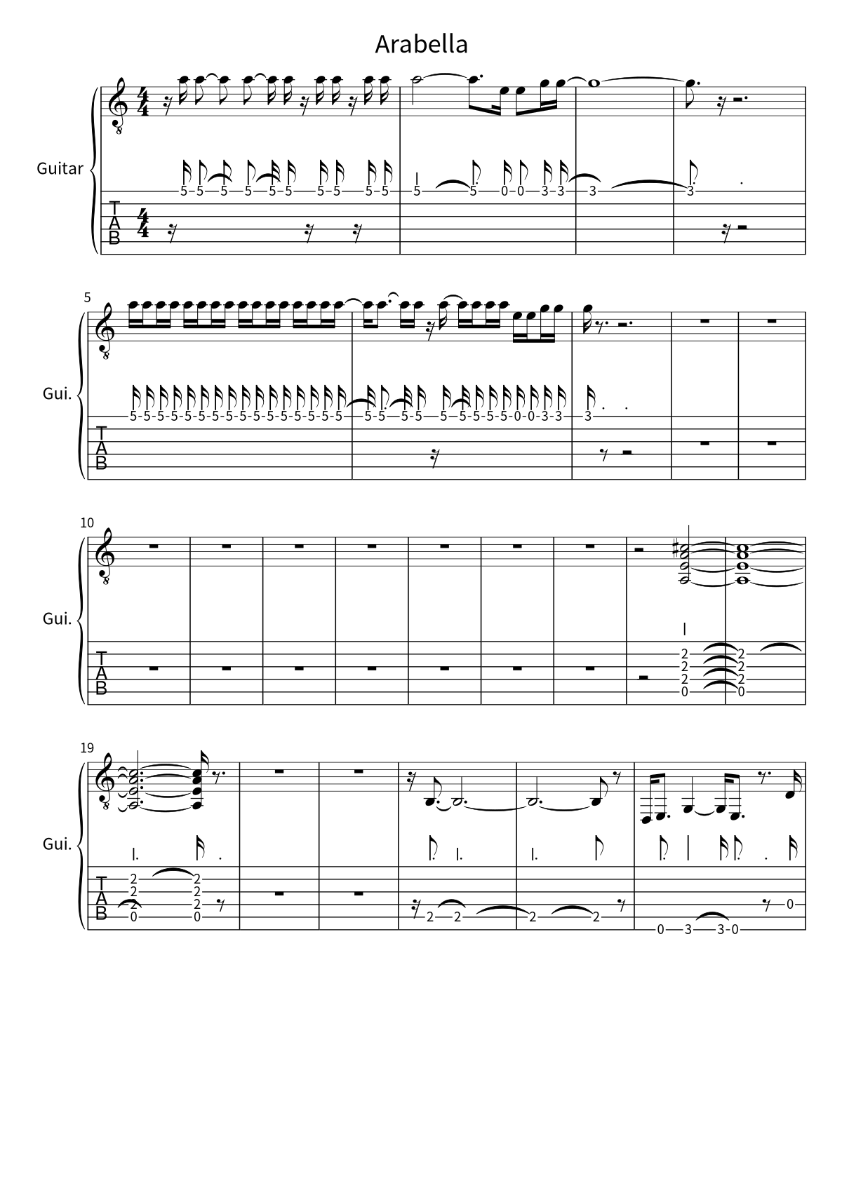 First page of the guitar tab and sheet music for Arabella by Arctic Monkeys