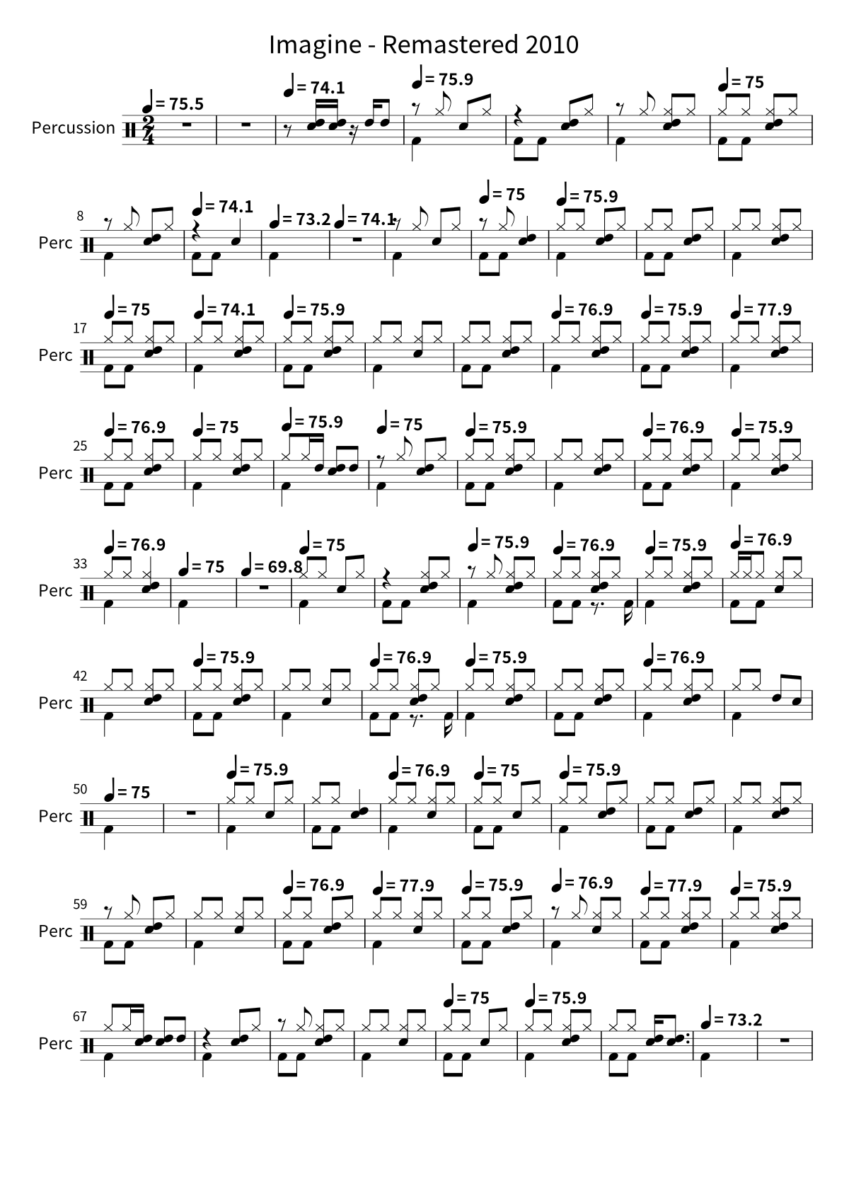 Primera página de la partitura de batería de Imagine - Remastered 2010 de John Lennon